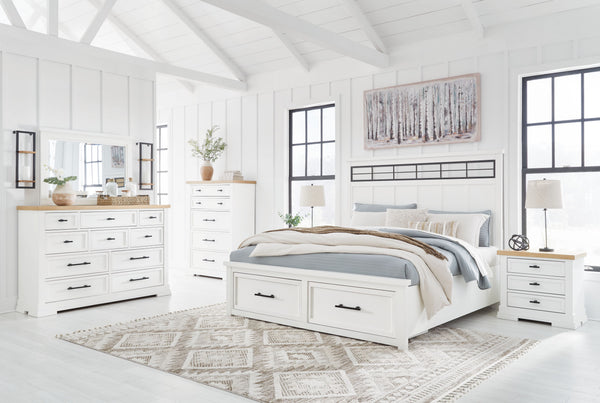 Ashbryn - 6 Pc. - Dresser, Mirror, Chest, Queen Panel Storage Bed - White / Natural
