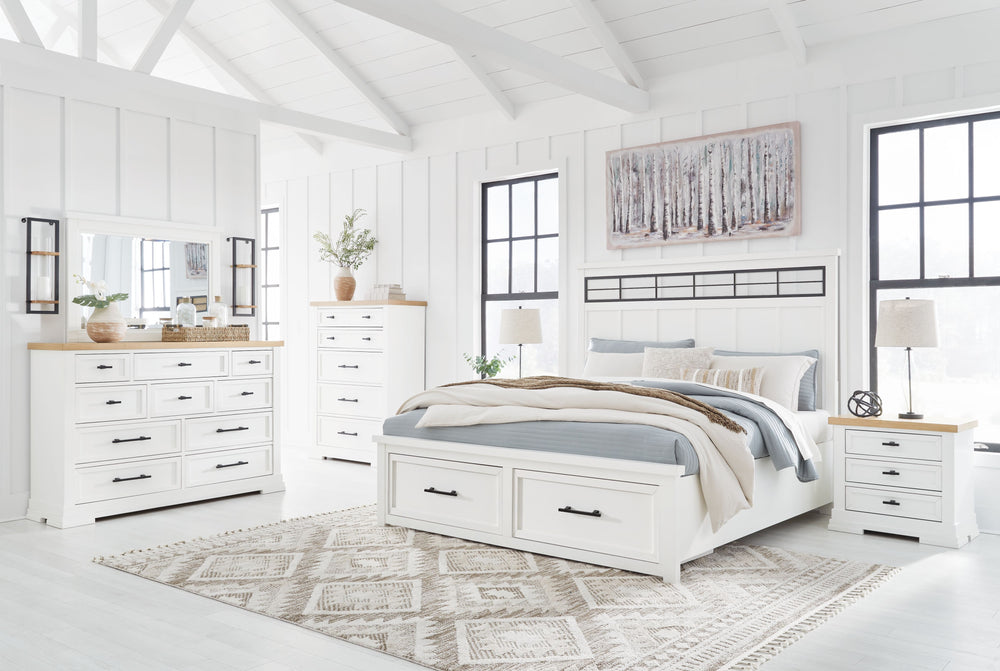 Ashbryn - 8 Pc. - Dresser, Mirror, Chest, King Panel Storage Bed, 2 Nightstands - White / Natural
