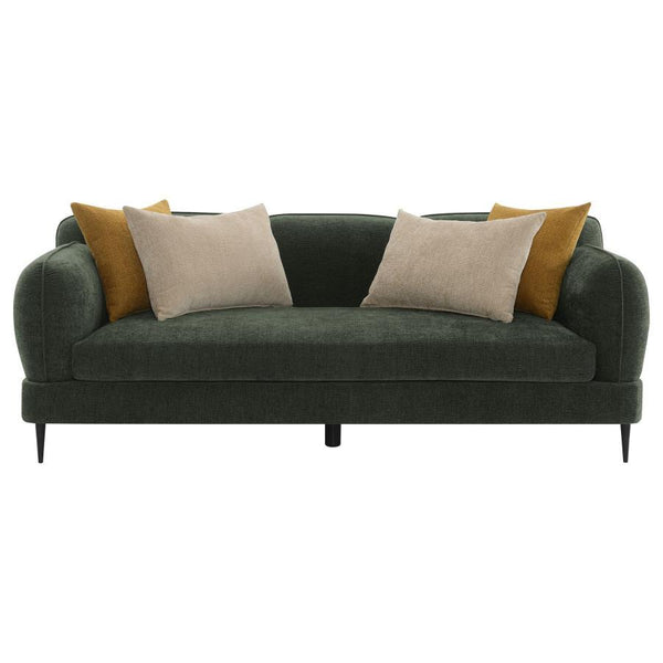  and functionality with this modern sofa. Its sculpted round shapes and bench waterfall seat cushion create a harmonious and inviting look