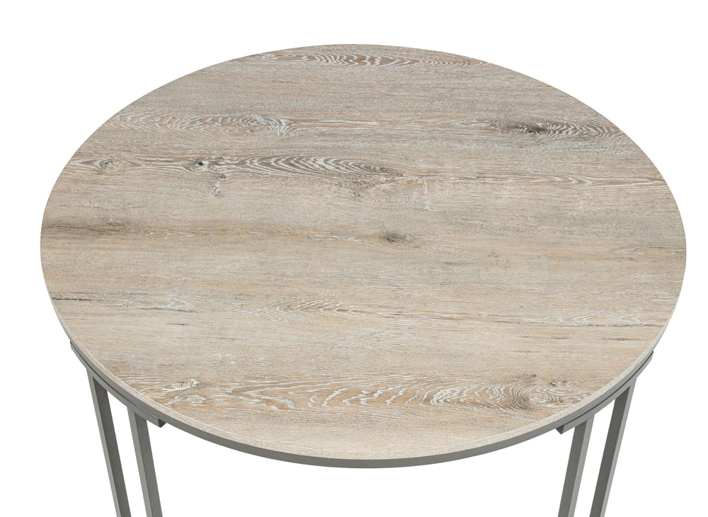Bring style and comfort to your dining space with this chic and modern set. The round tabletop features a beautiful woodgrain finish, adding warmth and character to any room. Supported by a sturdy metal frame with a sleek, open design, it blends durabilit