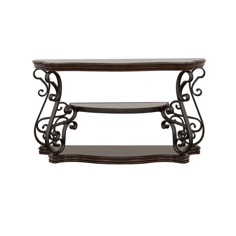 This elegant console table, also known as a sofa table, seamlessly combines style and function. Its dark merlot wood finish highlights the engineered wood and cherry veneer construction, while the ornate scrollwork on the dark bronze powder-coated metal l