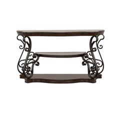 This elegant console table, also known as a sofa table, seamlessly combines style and function. Its dark merlot wood finish highlights the engineered wood and cherry veneer construction, while the ornate scrollwork on the dark bronze powder-coated metal l
