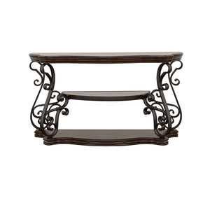 This elegant console table, also known as a sofa table, seamlessly combines style and function. Its dark merlot wood finish highlights the engineered wood and cherry veneer construction, while the ornate scrollwork on the dark bronze powder-coated metal l