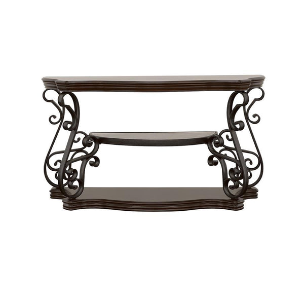 This elegant console table, also known as a sofa table, seamlessly combines style and function. Its dark merlot wood finish highlights the engineered wood and cherry veneer construction, while the ornate scrollwork on the dark bronze powder-coated metal l