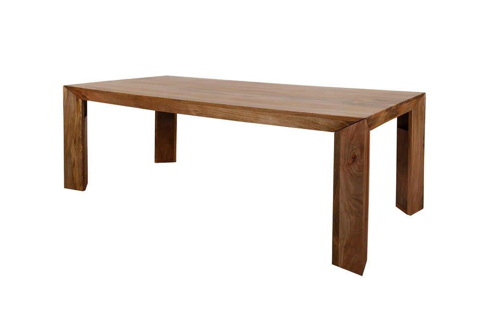 Crafted from solid mango, this table boasts a unique aesthetic with natural variations of color, wood grain, and knots. The geometric mitered edge creates a seamless transition between the table top, apron, and angled legs, and is generously proportioned 