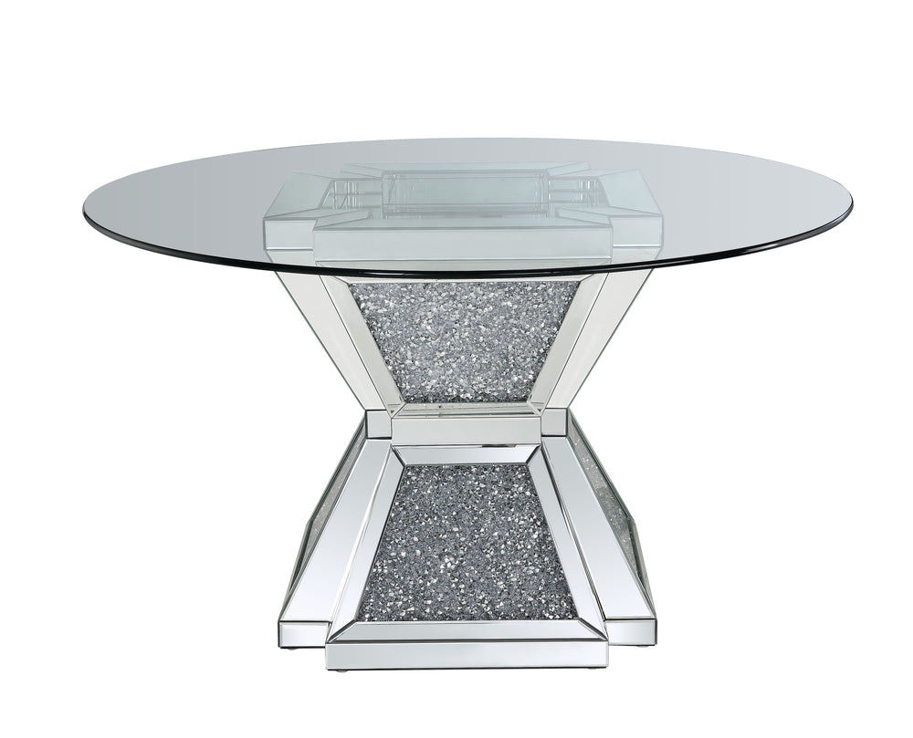 Noralie - Dining Table - Clear Glass, Mirrored & Faux Diamonds - 52-"Dia x 31<br/><br/><b>Product Features</b><ul><li>Hourglass Pedestal</li><li>12mm Clear Tempered Glass Top</li><li>Criss Cross Ring Pedestal</li><li>Mirrored Pedestal</li><li>Faux Dimanon