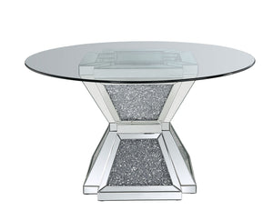  Mirrored & Faux Diamonds - 52-"Dia x 31<br/><br/><b>Product Features</b><ul><li>Hourglass Pedestal</li><li>12mm Clear Tempered Glass Top</li><li>Criss Cross Ring Pedestal</li><li>Mirrored Pedestal</li><li>Faux Dimanon