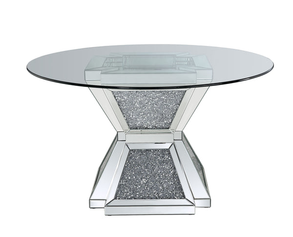  Mirrored & Faux Diamonds - 52-"Dia x 31<br/><br/><b>Product Features</b><ul><li>Hourglass Pedestal</li><li>12mm Clear Tempered Glass Top</li><li>Criss Cross Ring Pedestal</li><li>Mirrored Pedestal</li><li>Faux Dimanon