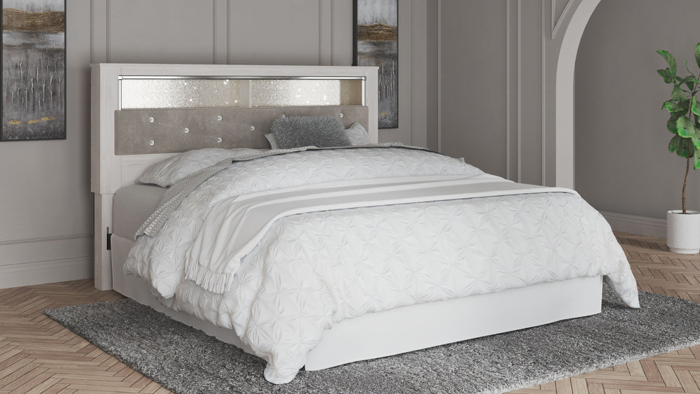 The epitome of fashion-forward design, this king upholstered bookcase headboard is a beautiful blend of comfort and luxury. Shiny chrome-tone accents, a pearlized finish and button-tufted upholstery bring a glam touch to the richly rustic appearance. Remo