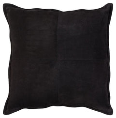Add casually cool comfort to your couch with this pillow. Its sumptuous suede in a black patchwork pattern with flange is the essence of chic, cozy style.<br/><br/><b>Product Features</b><ul><li>Face made of leather