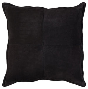 Add casually cool comfort to your couch with this pillow. Its sumptuous suede in a black patchwork pattern with flange is the essence of chic, cozy style.<br/><br/><b>Product Features</b><ul><li>Face made of leather