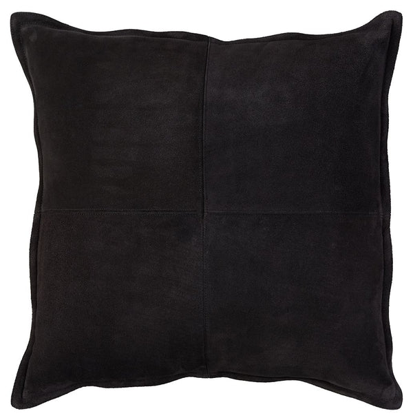 Add casually cool comfort to your couch with this pillow. Its sumptuous suede in a black patchwork pattern with flange is the essence of chic, cozy style.<br/><br/><b>Product Features</b><ul><li>Face made of leather
