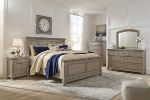  this queen panel bed sports serene sophistication. Forever classic design detailsâ€”inlaid panels and bun feetâ€”are so easy to love. Burnished light gray finish elevates the look with modern sensibility