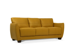 The Valeria sofa set is one youâ€™ll want to spend lots of time in. This beautiful mustard or watery leather sofa features same tone stitching and unique wood block legs. Its deep, comfy seat and flared padded arms give it an incredible sink-right-in qual