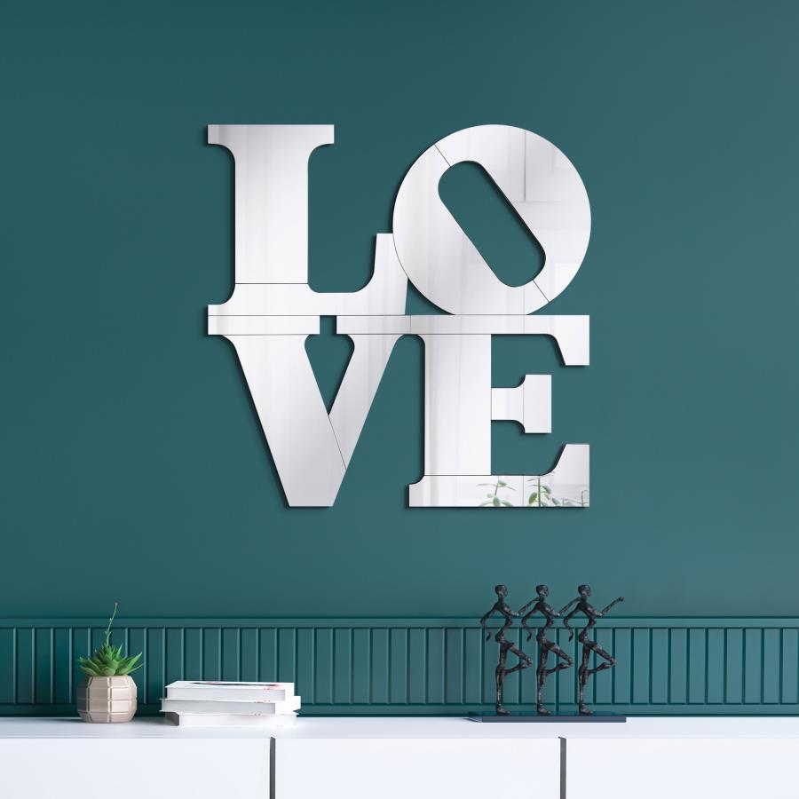 Make a bold and playful statement with this eye-catching wall mirror that spells out â€œLOVEâ€ in mirrored block letters. Inspired by iconic pop art, this contemporary mirror adds a whimsical charm to bedrooms, entryways, or gallery walls. With clean lin
