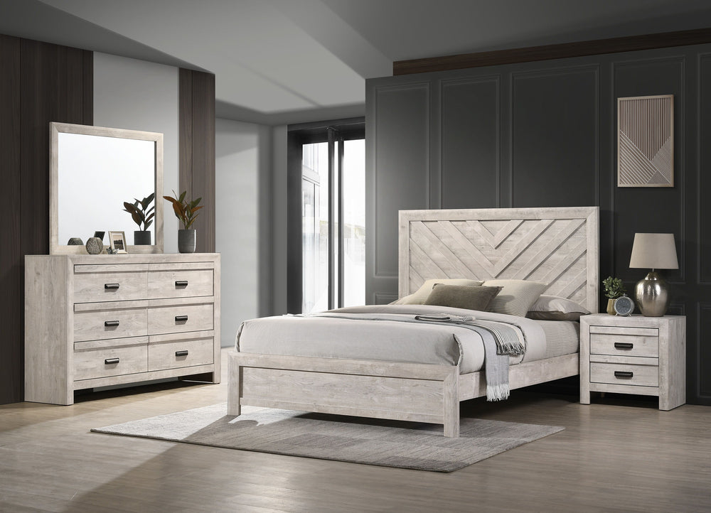 This bedroom collection encapsulates a blend of contemporary design and rustic charm. The centerpiece, a bed with a distinguished chevron patterned headboard, evokes a sense of craftsmanship and texture, infusing the space with character. Flanking the bed