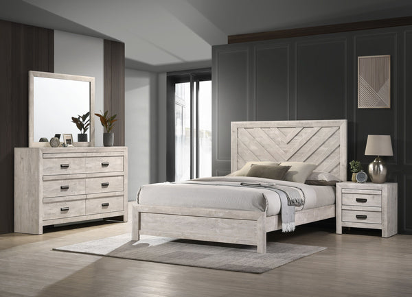 This bedroom collection encapsulates a blend of contemporary design and rustic charm. The centerpiece, a bed with a distinguished chevron patterned headboard, evokes a sense of craftsmanship and texture, infusing the space with character. Flanking the bed