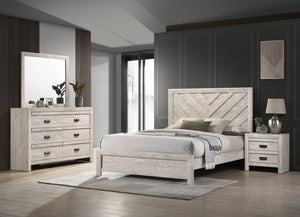 This bedroom collection encapsulates a blend of contemporary design and rustic charm. The centerpiece, a bed with a distinguished chevron patterned headboard, evokes a sense of craftsmanship and texture, infusing the space with character. Flanking the bed