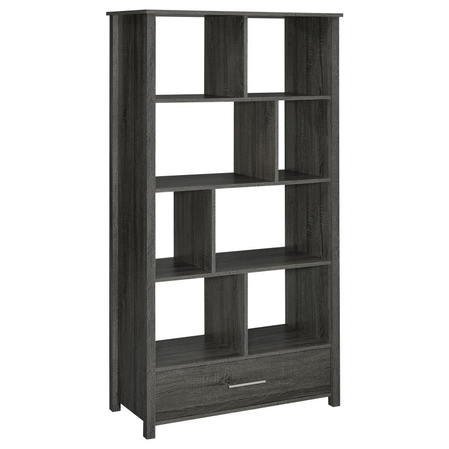 Asymmetrical shelves stack against one another to create this stunning, contemporary bookcase. A stylish, eye-catching addition to a home office, this minimalist bookcase invites you to organize office accessories or showcase decor and family photos. Eigh