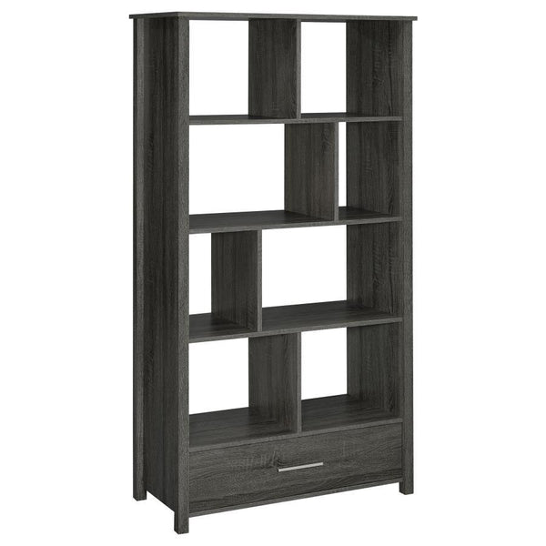 Asymmetrical shelves stack against one another to create this stunning, contemporary bookcase. A stylish, eye-catching addition to a home office, this minimalist bookcase invites you to organize office accessories or showcase decor and family photos. Eigh