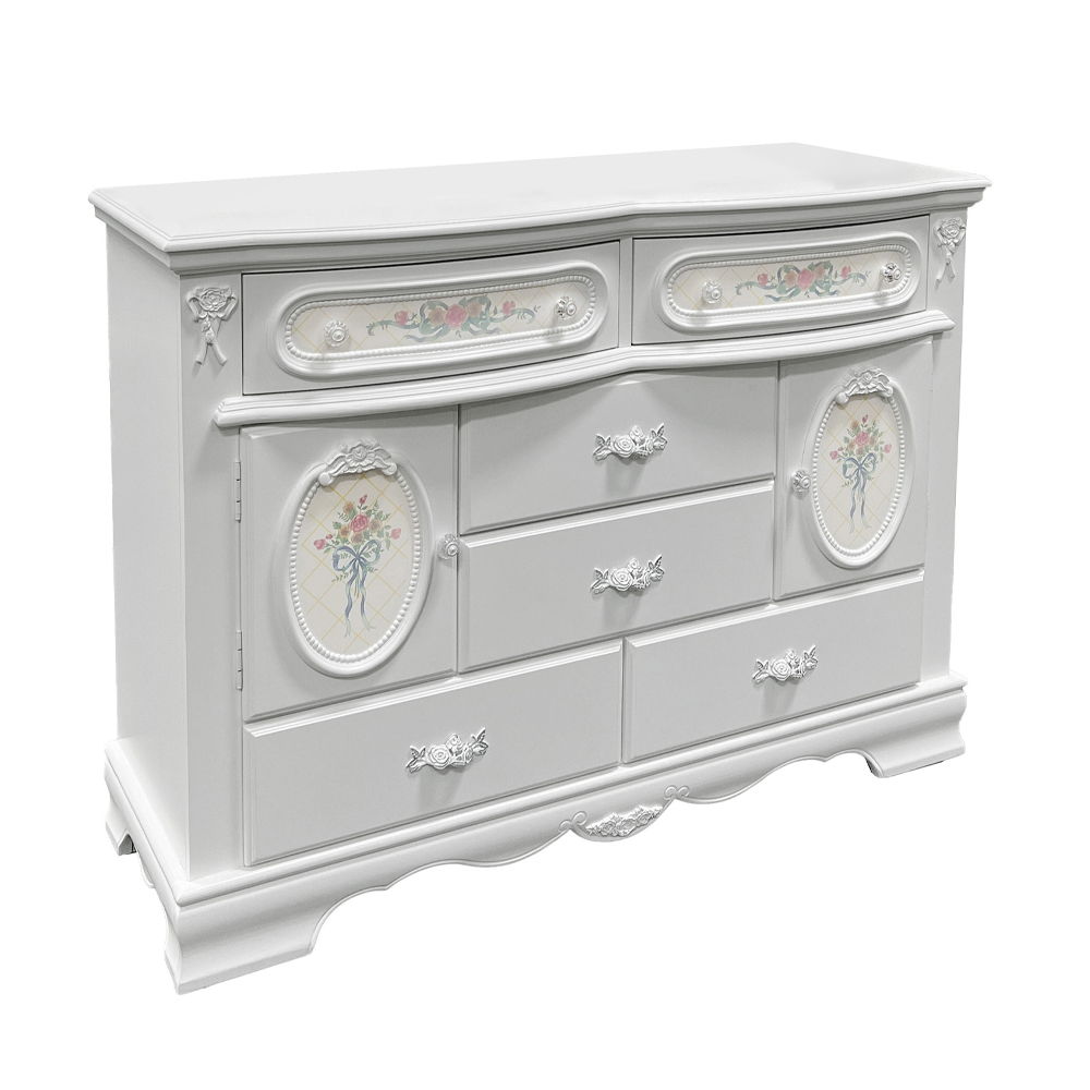6 Drawer & 2 Doors (No Shelves Inside) Drawer: Wooden Center Drawer Glide, Dovetail Included, Felt-Lined Top Drawer, Hardware: Crystal like Knob (2 Top Drawers), Single Rossete Handle (4 Bottom Drawer) Construction Wooden Case-Frame: Bow Top Shape Wood Ba