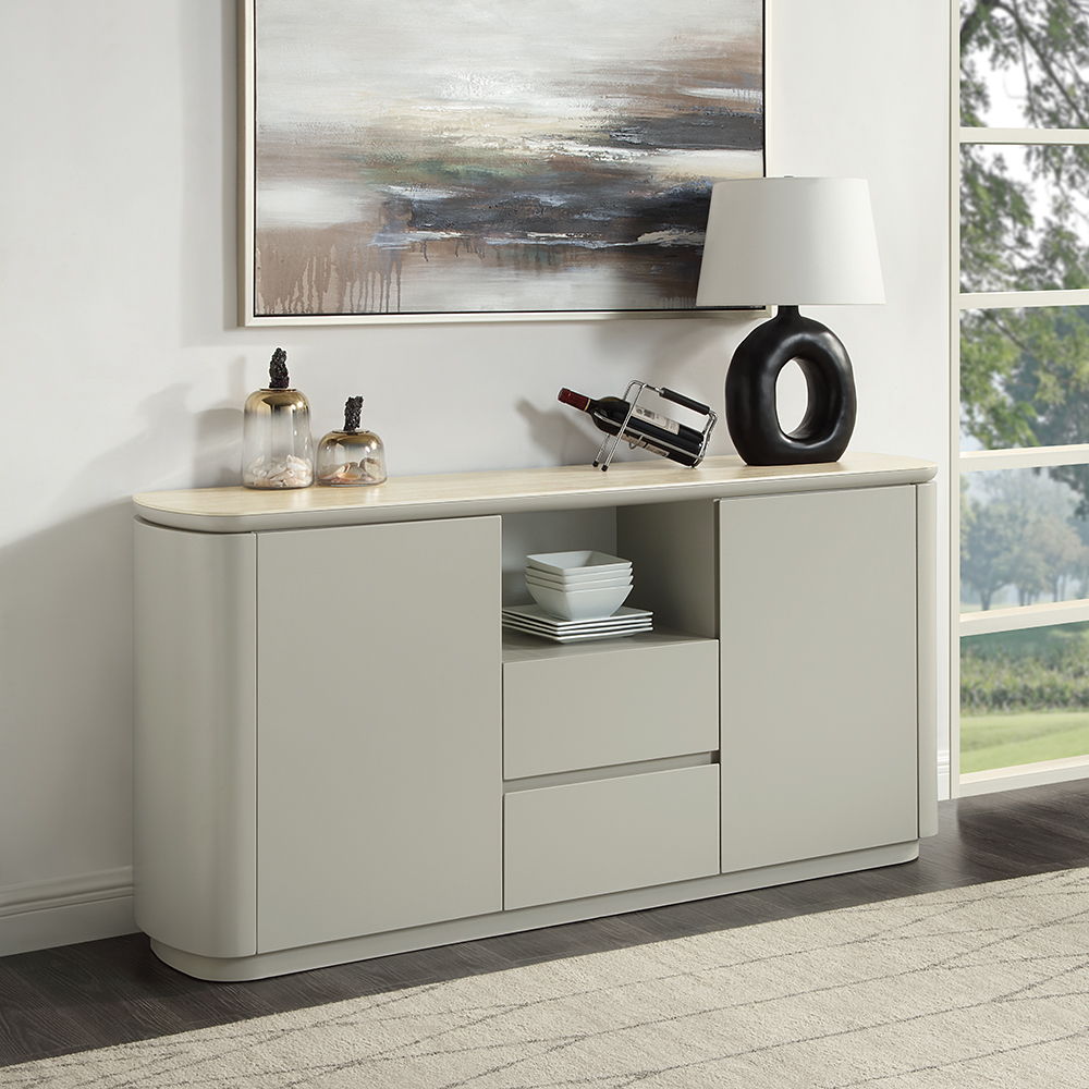 The Ingram collection brings modern elegance to your home with its sophisticated pieces. The rectangular dining table and side chairs feature a light gray finish, creating a serene dining atmosphere. The server, with its ceramic top and light gray finish,