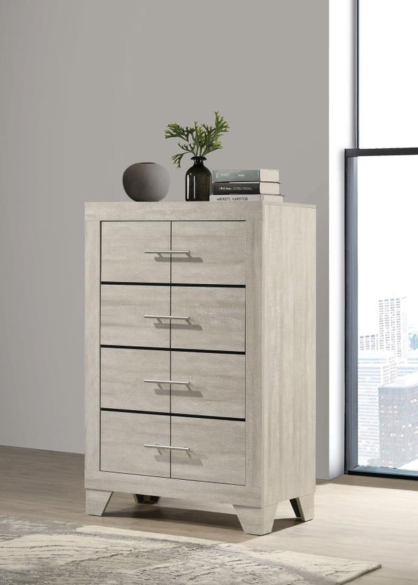  making it a perfect storage solution for contemporary bedrooms. Finished in a rustic cream with rough-sawn