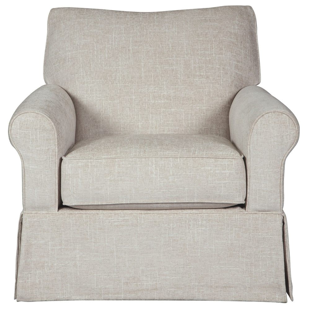Thanks to its tailored skirt, this swivel glider accent chair sure doesnâ€™t look like it can do a 360, but youâ€™ll love the fact that it can. Whether your style is shabby chic, modern farmhouse or American classic, this swivel chair is sure to be sittin
