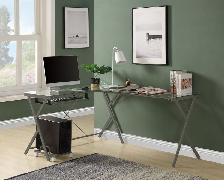 Corner Computer Desk Orientation: -"L-" ShapeX-Shape Metal Frame BaseRectangular Table Top w/Tempered GlassKey Board Tray IncludedComputer Holder Included<br/><br/><b>Product Features</b><ul><li>Corner Computer Desk</li><li>Orientation: -"L-" Shape</li><l