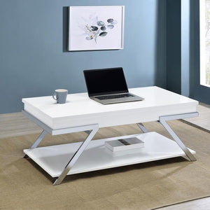  inspired look of effortless design suited to modern spaces. This ultra-contemporary lift-top coffee table made of white high gloss finish MDF with paper coating creates a stir in your laid-back living room or family room. Angular meta