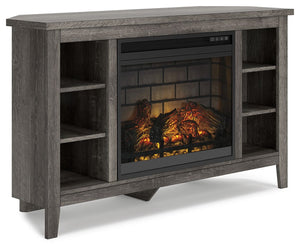  this corner TV stand with electric fireplace is right in tune with your relaxed approach to high style. Beautifully shaped to nestle into any corner