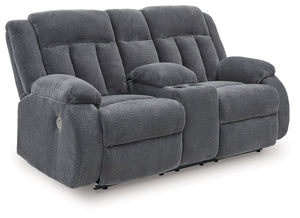 There-'s no need to sacrifice looks for comfortâ€”this power reclining loveseat with console serves up both, plus a richly relaxed sense of style. Its steel-hued velvet upholstery is ultra soft, with a plush waffle weave for an added layer of interest. Th