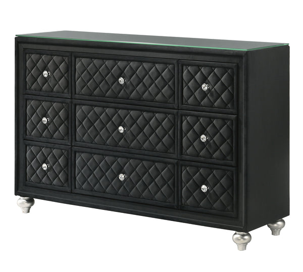 Indulge in timeless elegance and dramatic sophistication with this stunning bedroom collection, designed to make a bold statement. The centerpiece features an exquisitely tufted headboard with luxurious upholstery and intricate nailhead trim, exuding opul