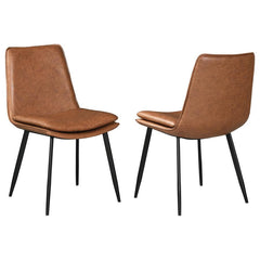 Simplified structure lends timeless personality to a set of two dining side chairs. Perfect for a relaxing and inviting breakfast nook or dining table, the chair feature warm coffee faux leather upholstery, with a padded seat for extra comfort. The armles