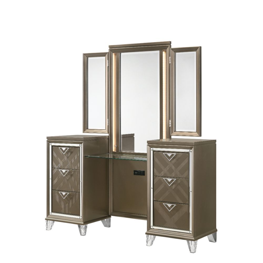 Vanity Set: Rectangular Vanity Table, Tri-Fold Mirror â€¢ Storage: 6 Drawers () â€¢ Vanity w/USB Power Dock, Glass Top, Tri-Fold Mirror w/LED Touch Light & Back Panel w/Hidden Jewelry Rack â€¢â€¢ CONSTRUCTION] Drawer: Embossed Fronts, GLIDE) Side Metal (2