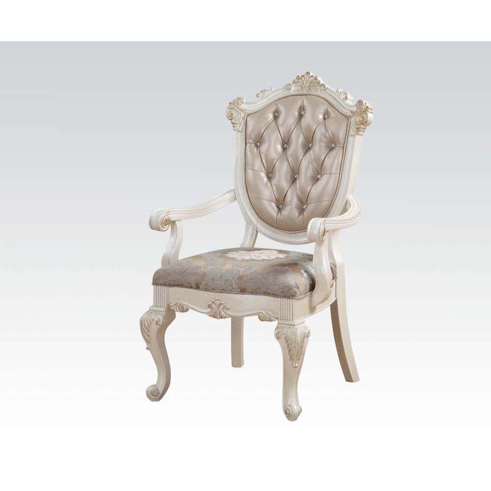 KD, Arm Chair Stationary Seat: Dining Height Padded Seat: Floral Fabric Cushion, Wooden Seat Frame Padded Backrest: PU, Solid Pattern (Inside: Crystal like Button Tufted, Outside: Plain), Wooden Trim: Scrolled Top and Crown Wood Scrolled Armrest Wood Quee