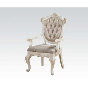 KD, Arm Chair Stationary Seat: Dining Height Padded Seat: Floral Fabric Cushion, Wooden Seat Frame Padded Backrest: PU, Solid Pattern (Inside: Crystal like Button Tufted, Outside: Plain), Wooden Trim: Scrolled Top and Crown Wood Scrolled Armrest Wood Quee