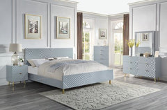 The Gaines Collection is a glamorous and sophisticated grouping that adds a chic style to any room. The gray gloss finish and gold metal accents help to accentuate the clean lines of the pieces and add a pop of glamour. The diagonal line design adds visua