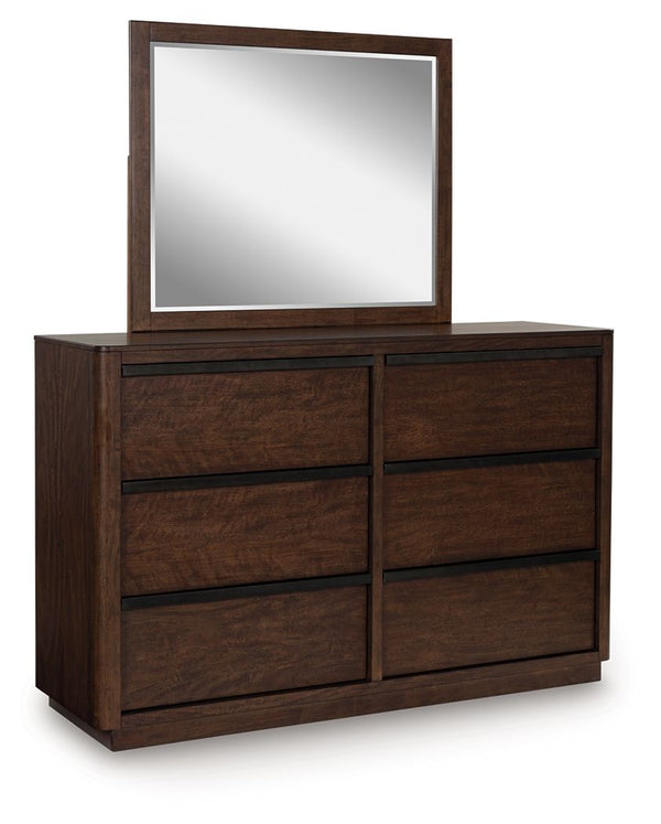 Casual contemporary styling with a decidedly modern vibe. This dresser with mirror is warm and inviting with a rich dark brown finish, adorning your restful retreat with on-trend elegance. Full-length metal pulls in a matte black finish add a subtly cool 