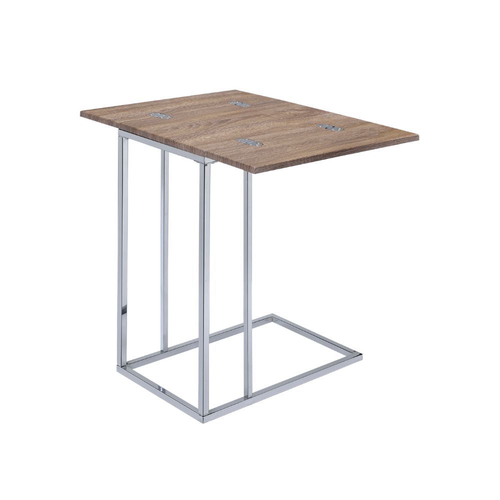 The Denson side table is a perfect addition to any living room with its stylish chrome base and weathered oak top. A bonus feature to an already useful functional table is the top and its ability to expand from 12-" to 18-". It allows for use as a place t
