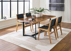 This dining package takes minimalism to the max. Urban Contemporary design. Made with solid Acacia wood, metal and woven leather straps. Finished in a light wood tone to enhance the wood-'s natural grain characteristics. The solid wood table top features 