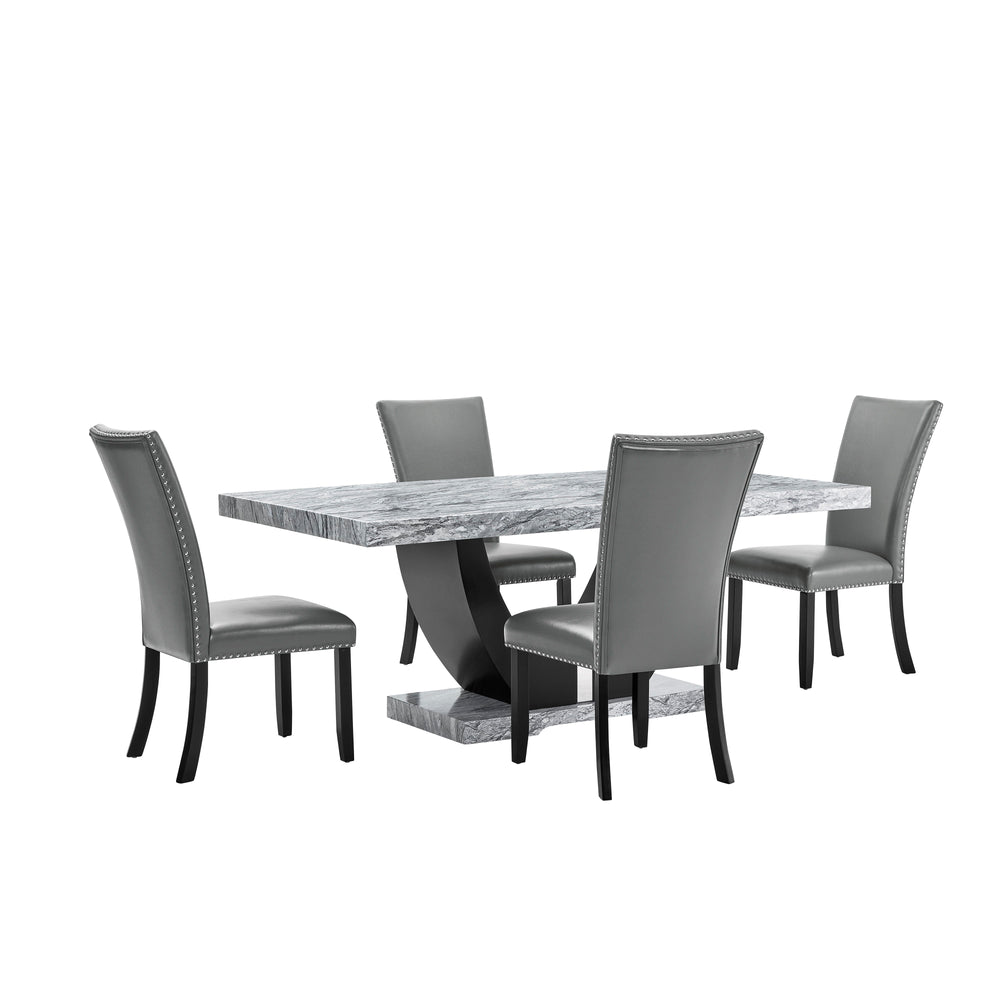 Transform your dining experience with the Lyra 5 Piece Dining Set, a perfect blend of style and practicality. This set features a striking faux marble table and four chic upholstered chairs, designed to bring a touch of contemporary glam to your home. The