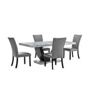  a perfect blend of style and practicality. This set features a striking faux marble table and four chic upholstered chairs