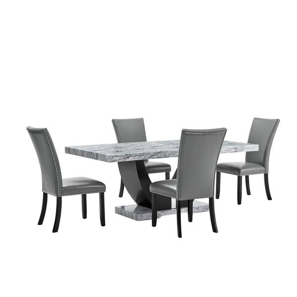  a perfect blend of style and practicality. This set features a striking faux marble table and four chic upholstered chairs