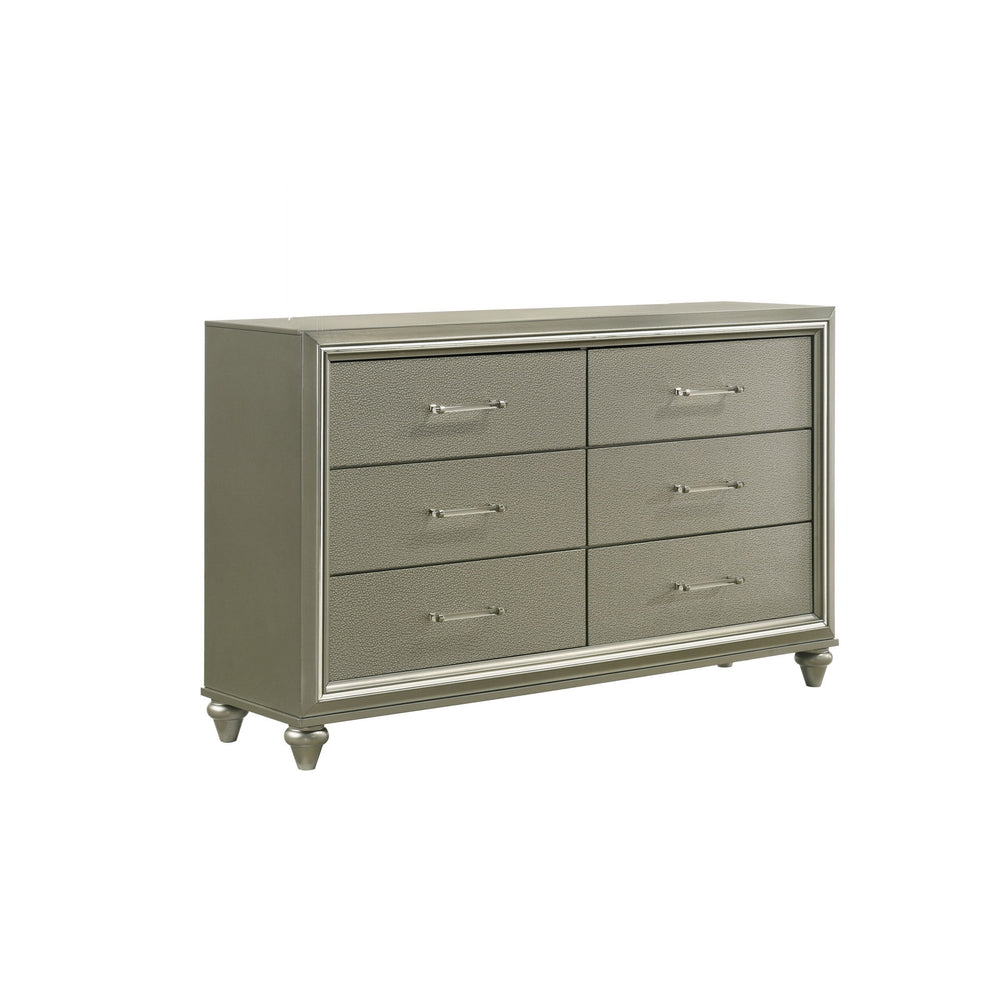 Meet the Lumina Dresser, a sturdy companion crafted from solid Rubberwood and durable manufactured wood, coated in an eco-friendly decorative laminate for enduring strength. Its sleek exterior boasts a high gloss gray finish, complemented by embossed silv