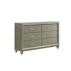 Meet the Lumina Dresser, a sturdy companion crafted from solid Rubberwood and durable manufactured wood, coated in an eco-friendly decorative laminate for enduring strength. Its sleek exterior boasts a high gloss gray finish, complemented by embossed silv