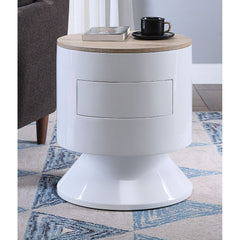 Drum Night Table Storage: 1 Drawer Wooden Case Frame, Veneer Top, High Gloss Drum Base CONSTRUCTION TOP) Wooden Top: Paper Veneer, MDF BASE) Wooden Base: White High Gloss, MDF Drawer: GLIDE Side Metal (Ball Bearing, Full Ext.), DOVETAIL Not Included, FELT