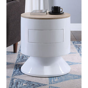 Drum Night Table Storage: 1 Drawer Wooden Case Frame, Veneer Top, High Gloss Drum Base CONSTRUCTION TOP) Wooden Top: Paper Veneer, MDF BASE) Wooden Base: White High Gloss, MDF Drawer: GLIDE Side Metal (Ball Bearing, Full Ext.), DOVETAIL Not Included, FELT