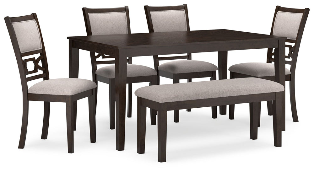 Canâ€™t decide between classic and contemporary? Embrace the beauty of transitional style with this casually sophisticated dining table, chairs and bench ensemble. Its clean-lined profile is enriched with a traditional cherry finish that merges with contr