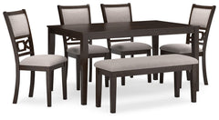 Canâ€™t decide between classic and contemporary? Embrace the beauty of transitional style with this casually sophisticated dining table, chairs and bench ensemble. Its clean-lined profile is enriched with a traditional cherry finish that merges with contr
